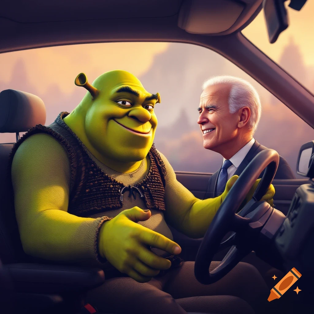 Shrek in the driver's seat of a car with Joe Biden reaching over to hold the steering wheel, 3D render style.