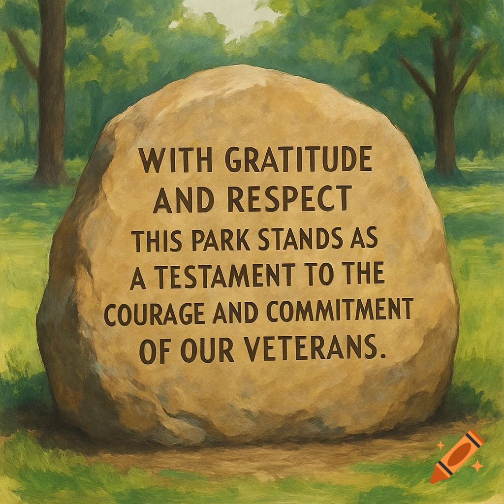 A boulder monument with an inscription in a park setting, painted in a loose style.