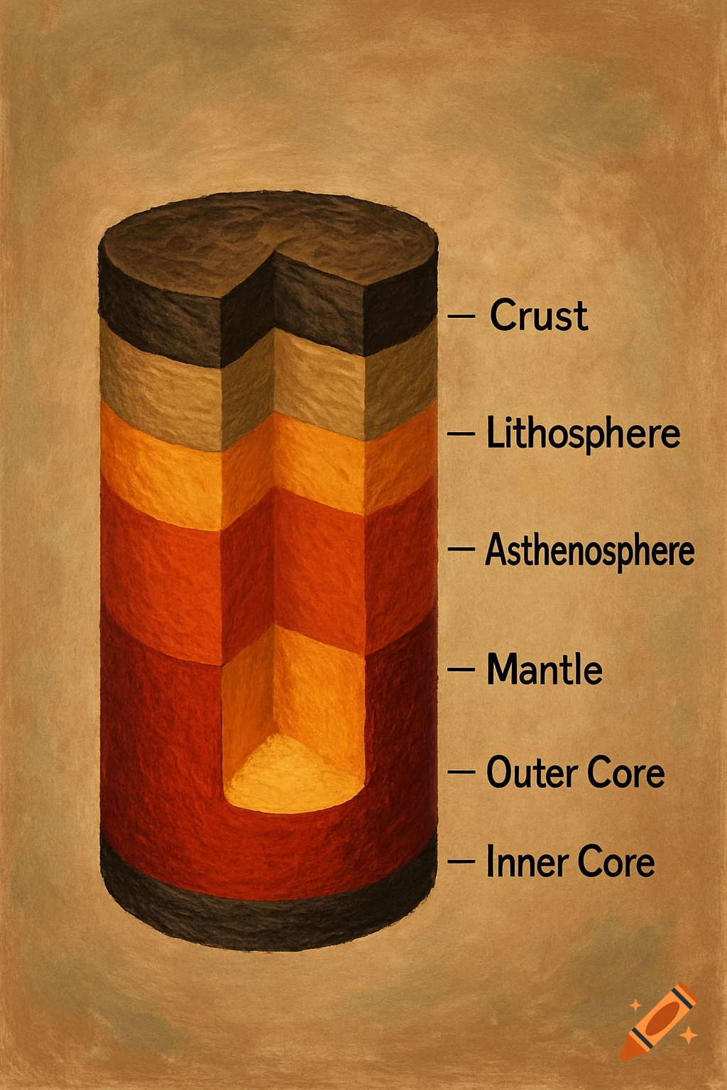 Diagram showing Earth's layers: Crust, Lithosphere, Asthenosphere, Mantle, Outer Core, Inner Core, in a textured style.