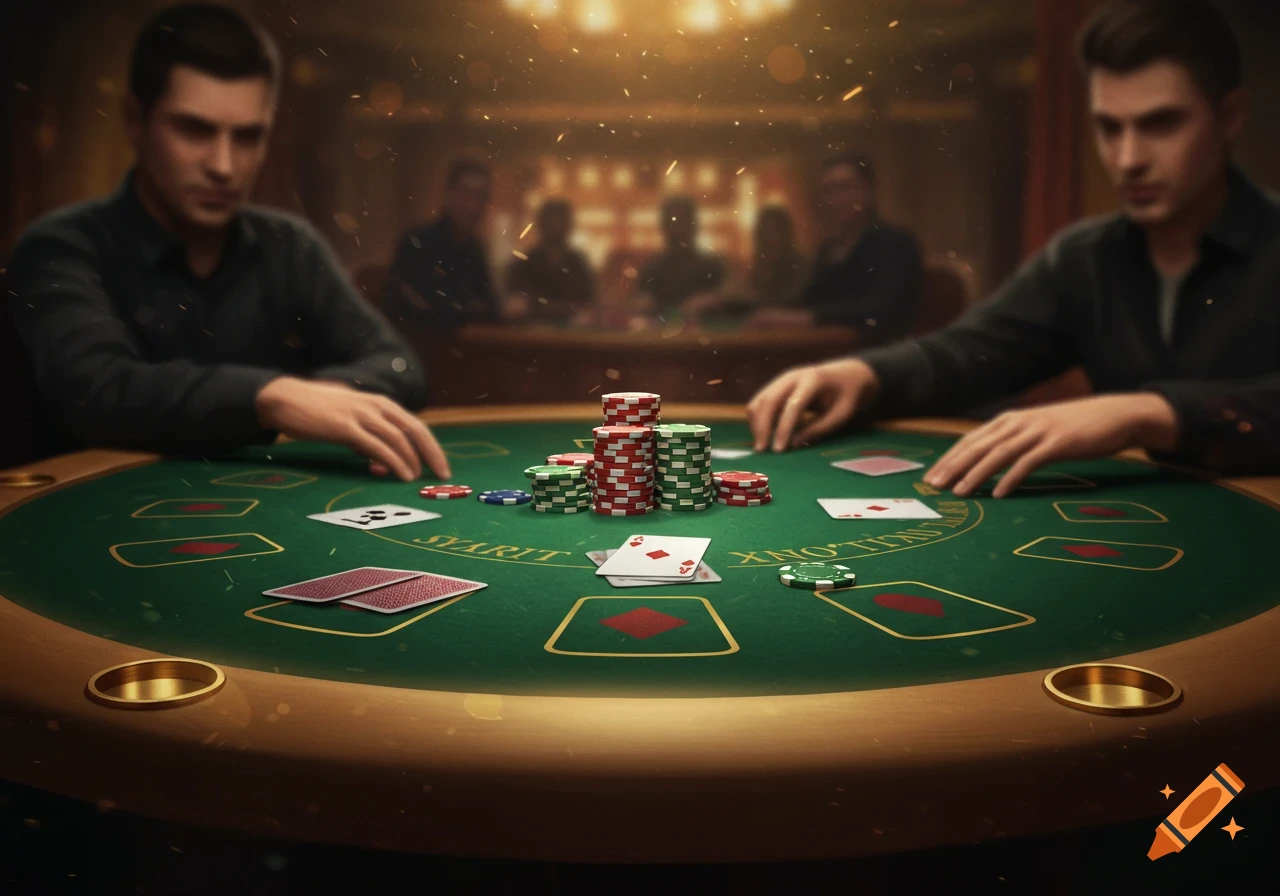 People playing poker at a table with chips and cards