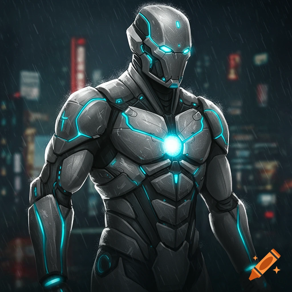 A futuristic robot or superhero in grey armor with glowing blue lights stands in the rain against a blurry city background.