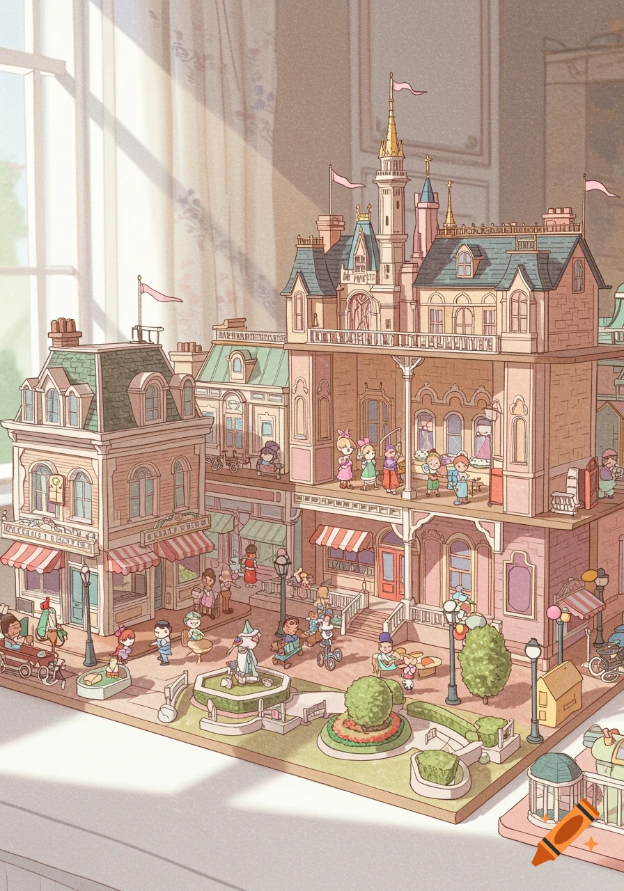 Detailed illustration of a miniature dollhouse city with a castle, shops, and many small characters.