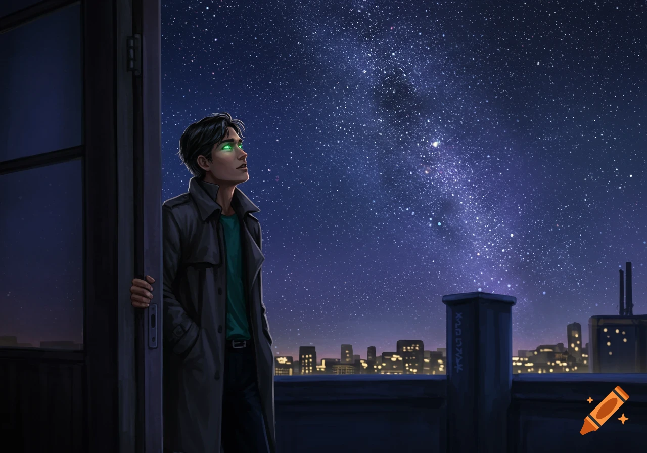 A man in a trench coat on a rooftop looks at a starry night sky over a city skyline.