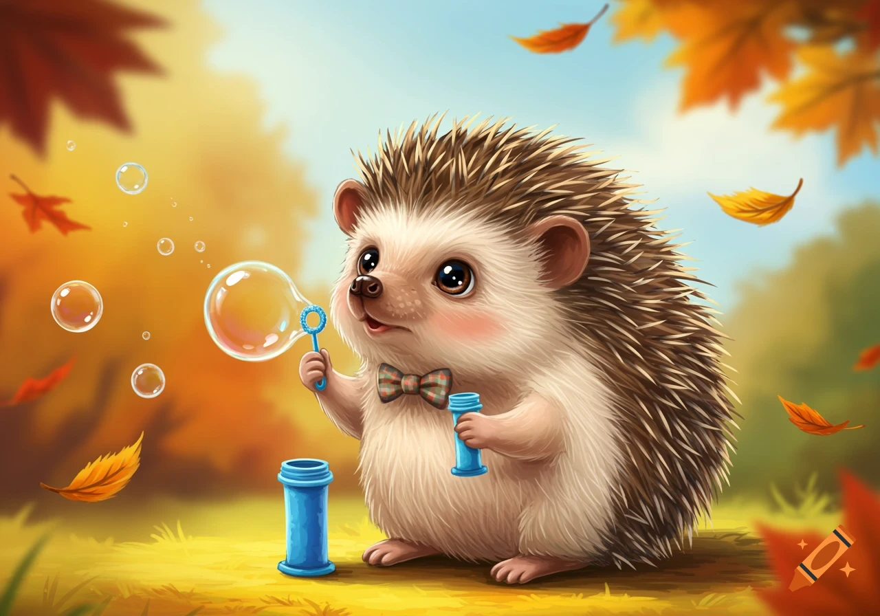 A cartoon baby hedgehog blowing bubbles in an autumn forest.