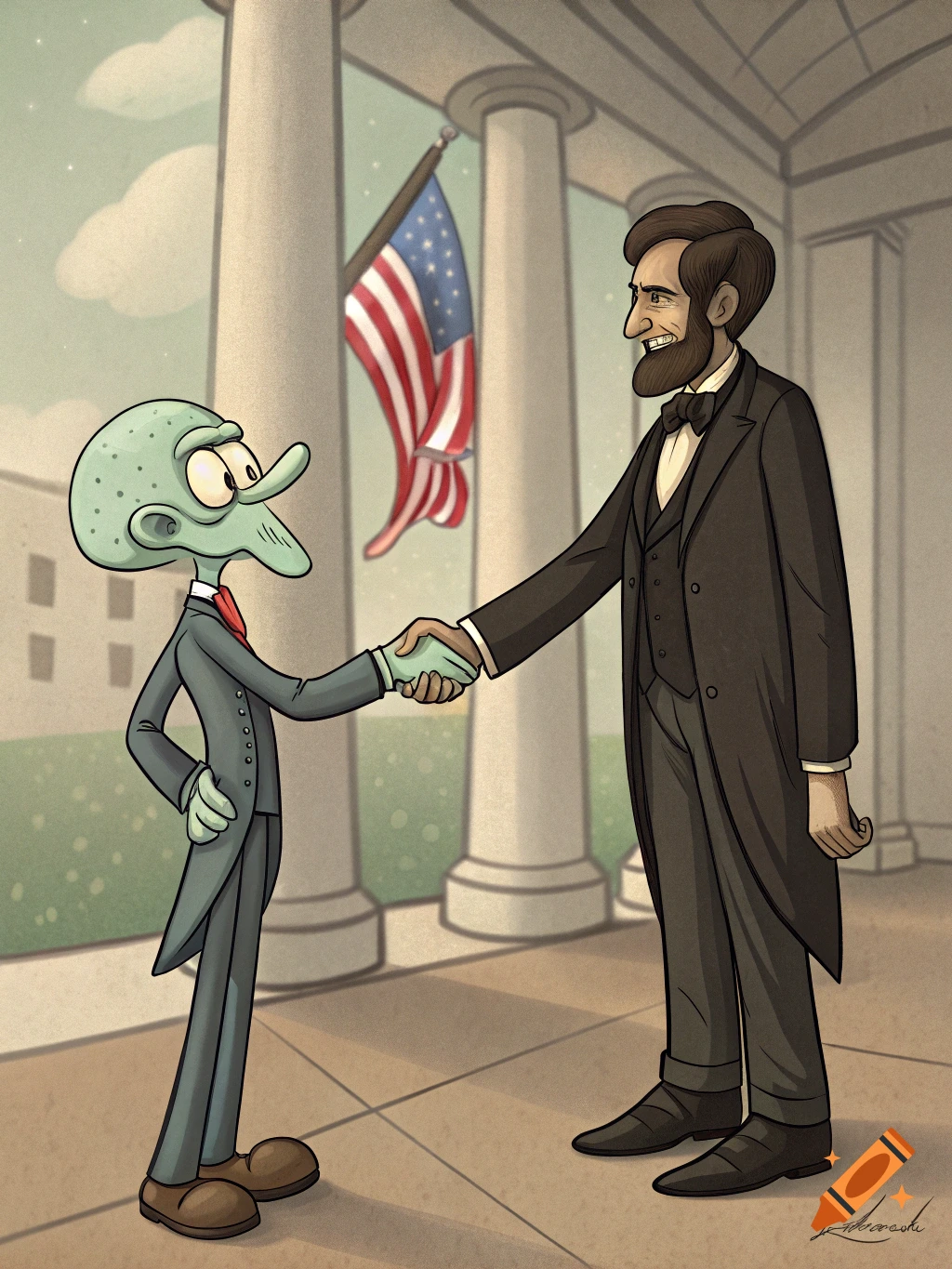 Cartoon of Squidward shaking hands with Abraham Lincoln in front of a building with columns and an American flag.