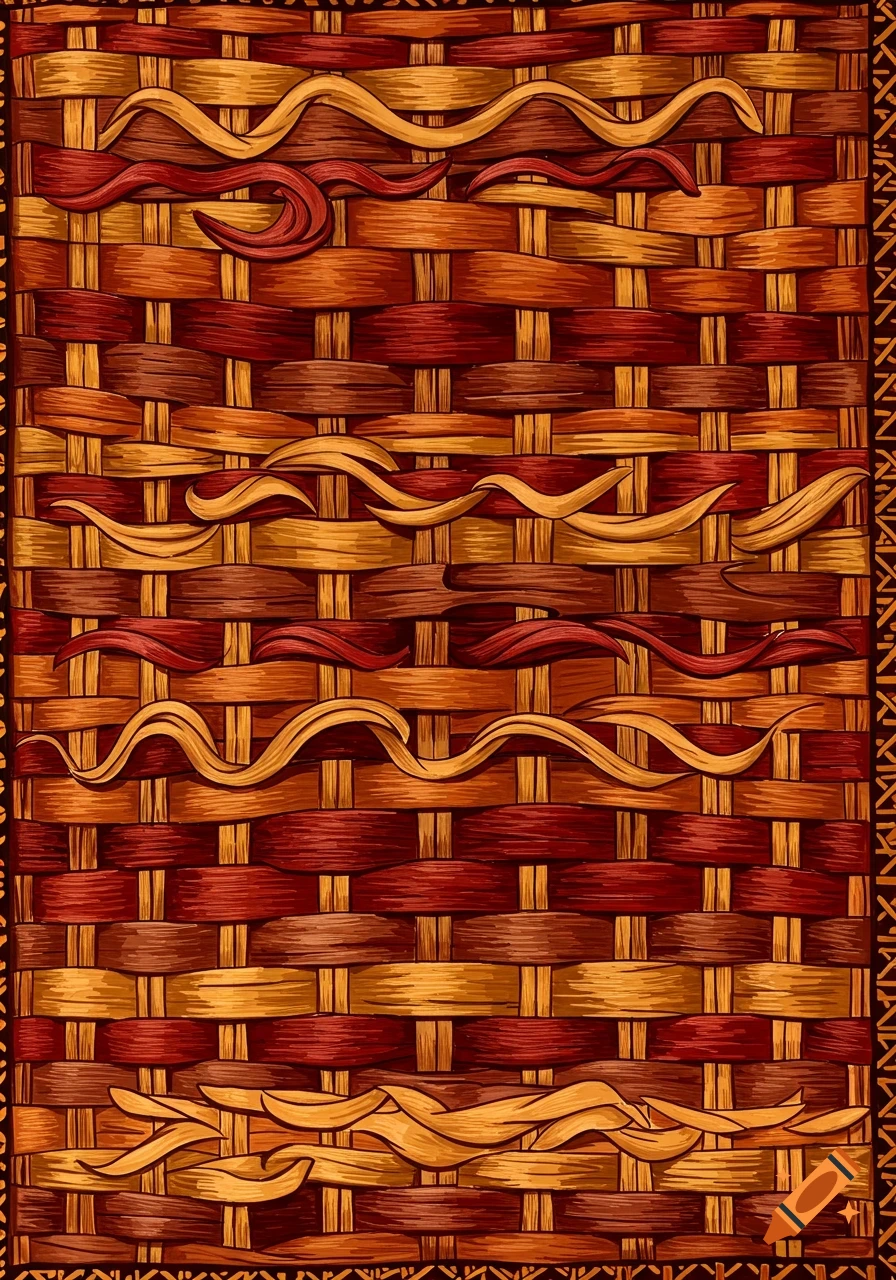 Closeup of a textured woven mat pattern with wavy strands in red, orange, and yellow-brown.