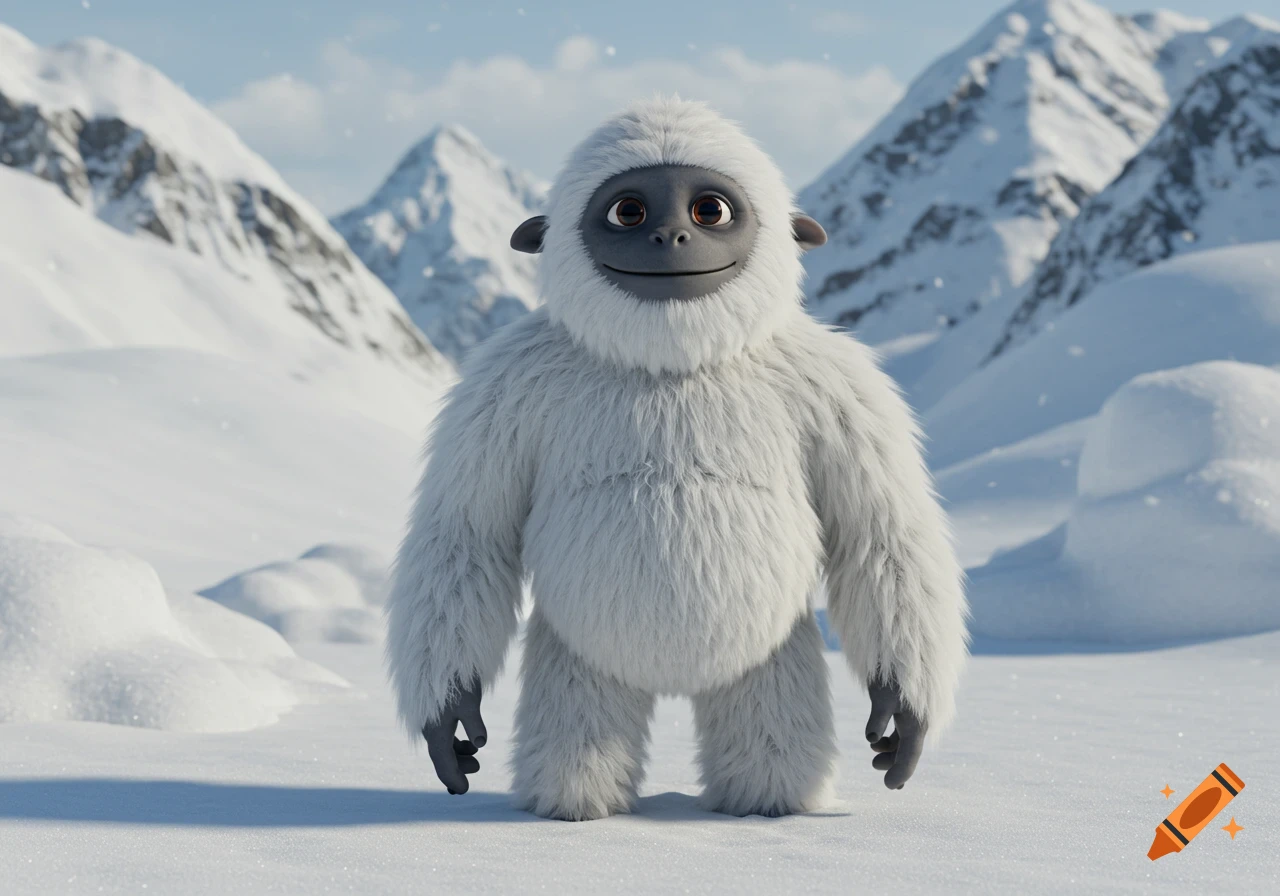 A cute rendered yeti stands in a snowy landscape with mountains in the background.