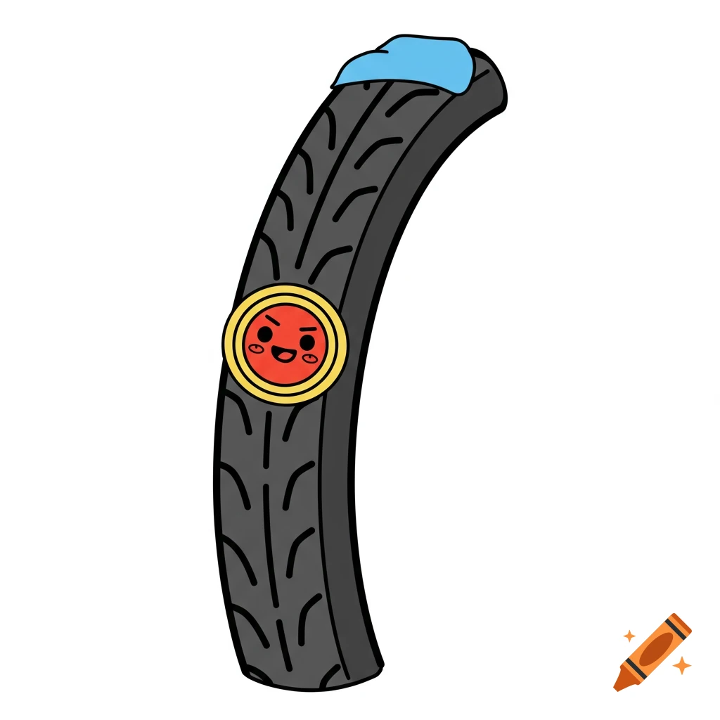 A cartoon bike tire with a smiley face and a blue patch.