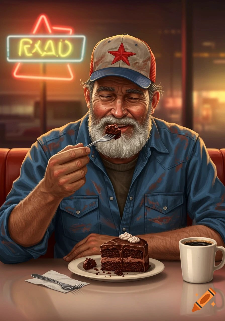 A man with a beard and baseball cap eating chocolate cake at a diner table.