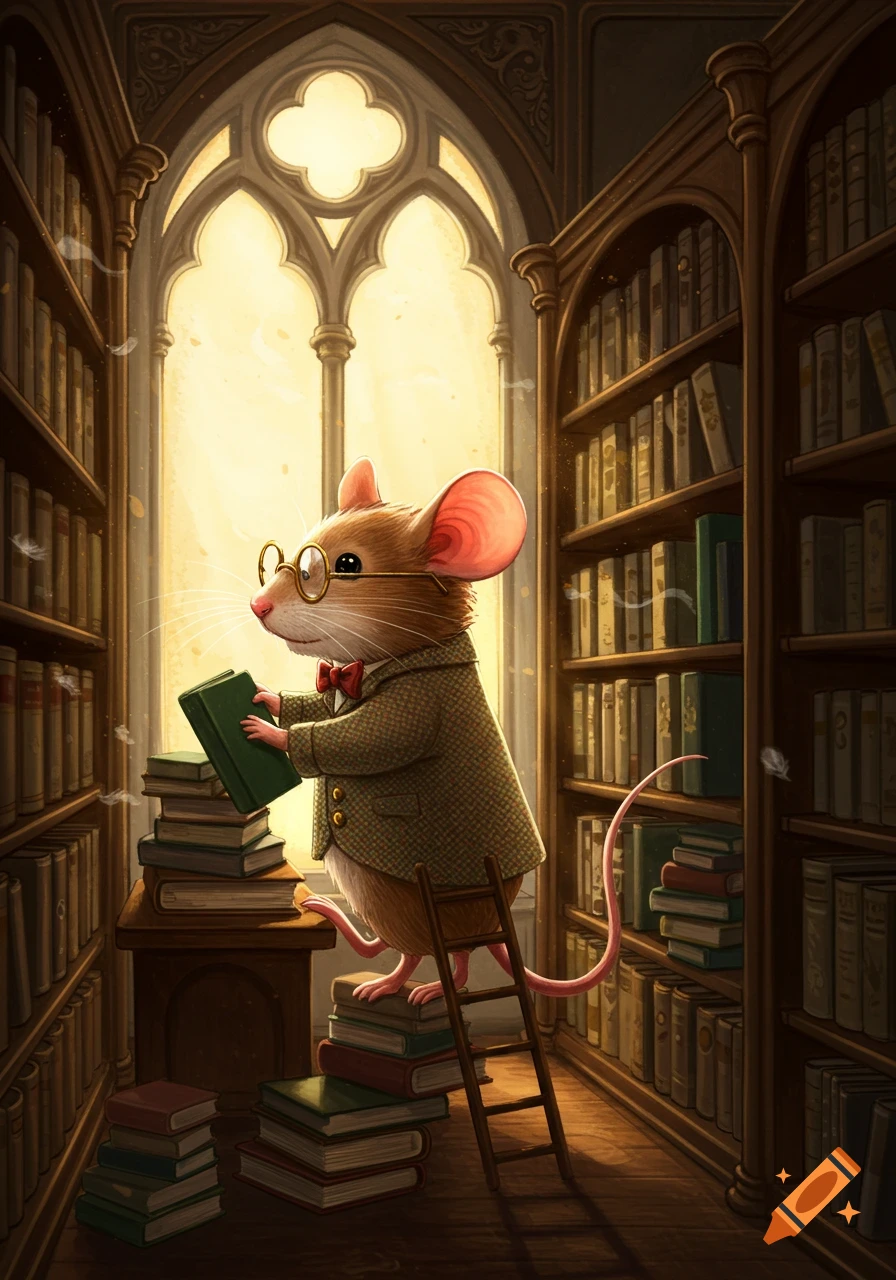 A cartoon mouse wearing glasses and a tweed jacket holds a book in a library.