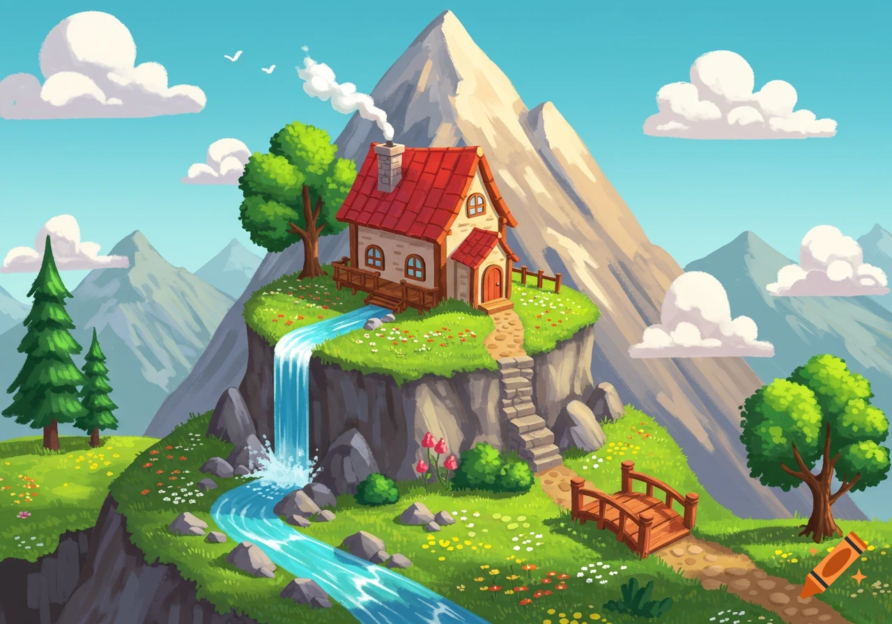 A cartoon cottage on a mountain cliff with a waterfall and stream.