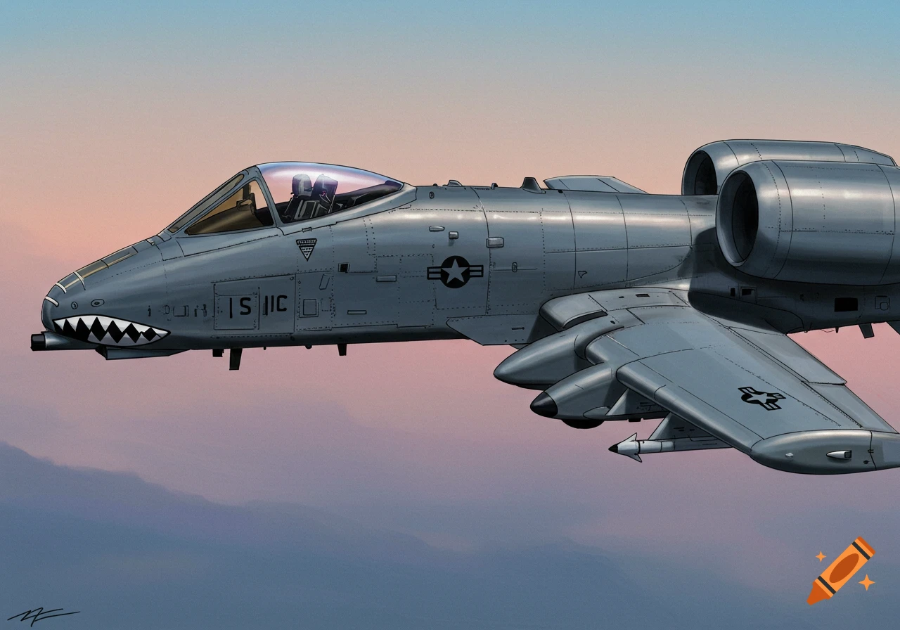 An A-10 Warthog military aircraft in flight at dusk.