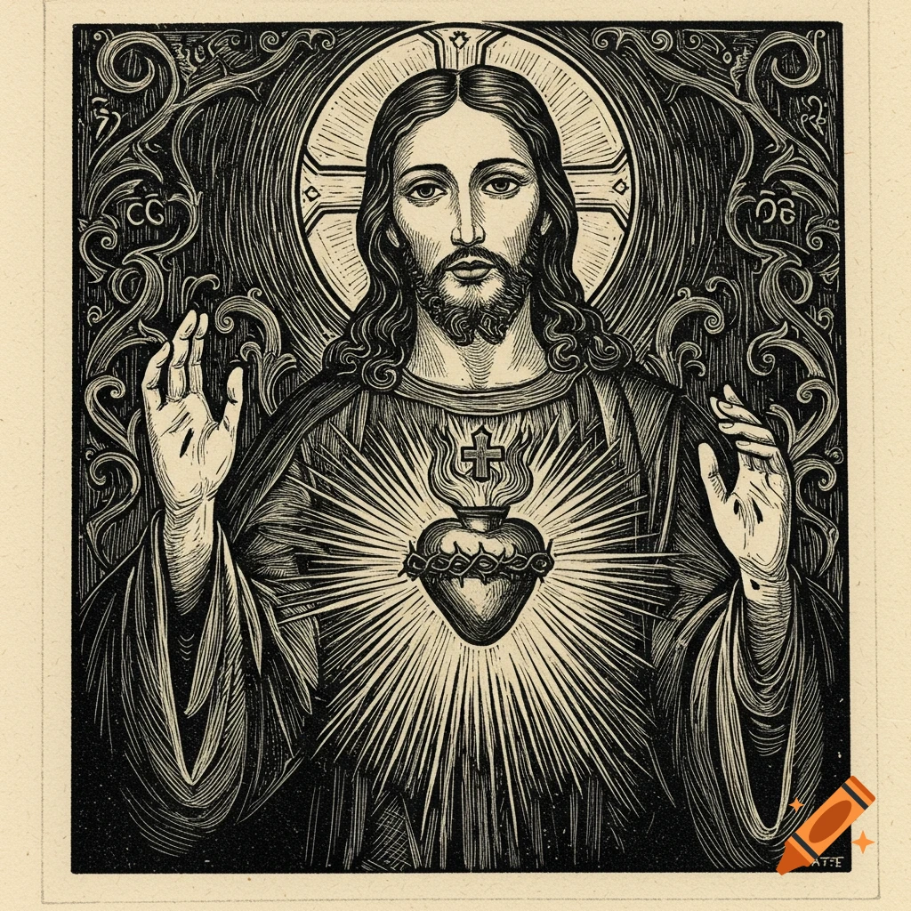 Linocut image of the Sacred Heart of Jesus with decorative border