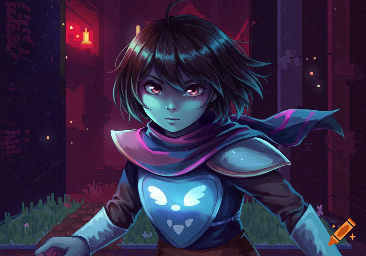 Stylized anime portrait of Kris from Deltarune in armor and scarf against a dark pixelated background.