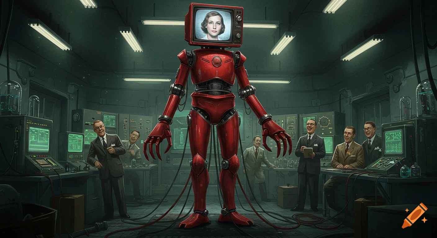 Retro-futuristic red robot with a TV head stands in a lab while scientists in suits observe it.