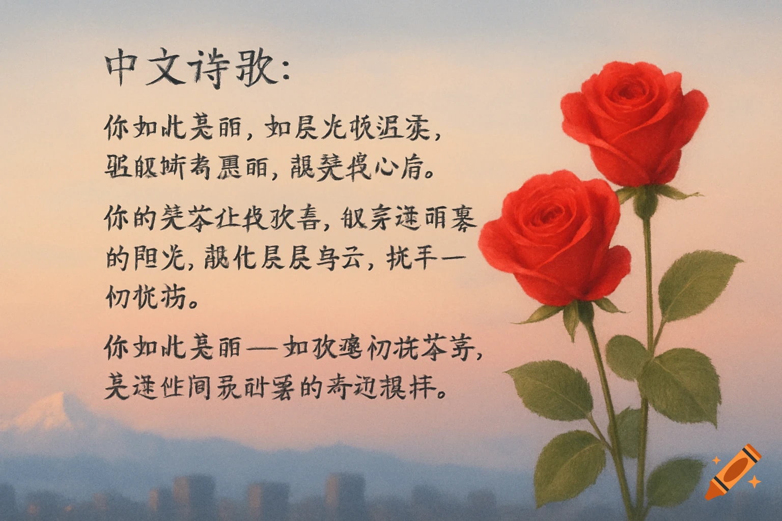 Illustration of two red roses beside Chinese poetry text with a soft focus mountain and city background at dusk.