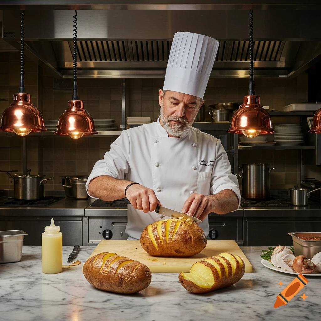 A chef slices a large baked potato in a professional kitchen setting.