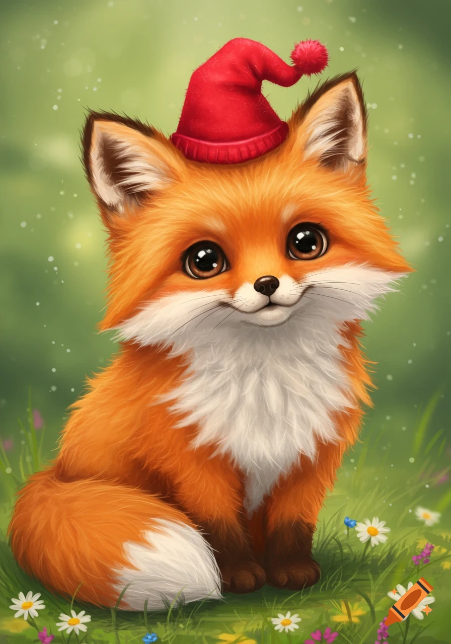 A cute cartoon fox wearing a red hat sits in a grassy field with flowers.