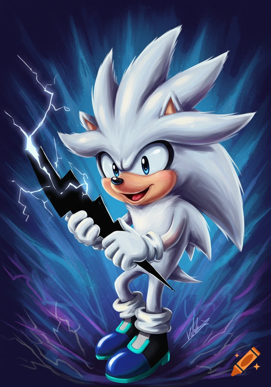 Silver the Hedgehog holds a black lightning bolt against a stormy blue background with lightning effects in an illustration.
