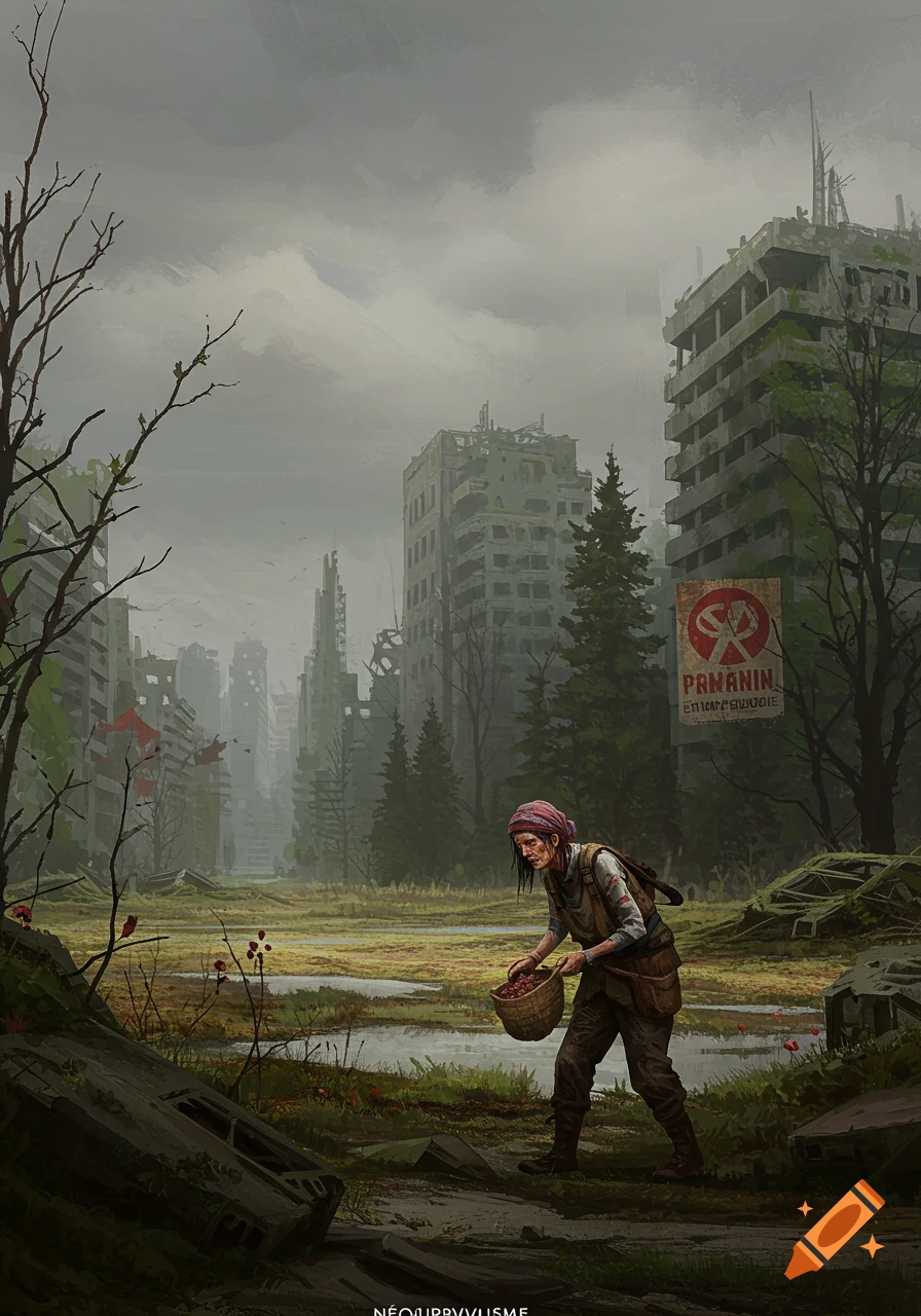 Person harvesting in basket in a ruined city landscape, post-apocalyptic style.