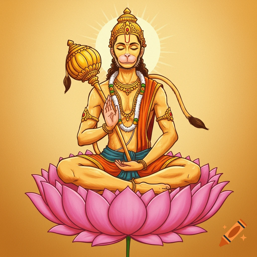 Illustration of Hanuman, a Hindu deity with a monkey face, meditating on a pink lotus, holding a mace