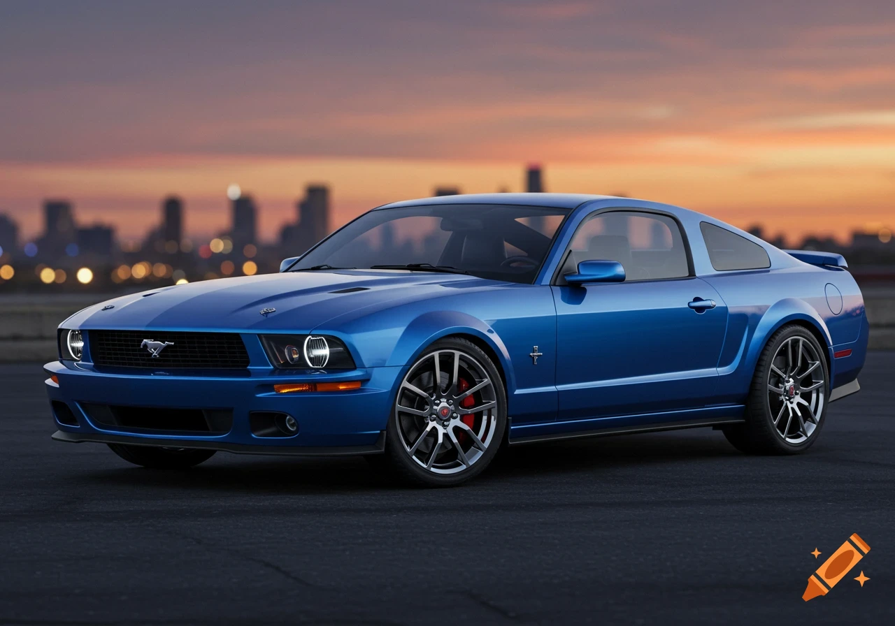A blue Ford Mustang car is parked on asphalt with a city skyline and sunset in the background.