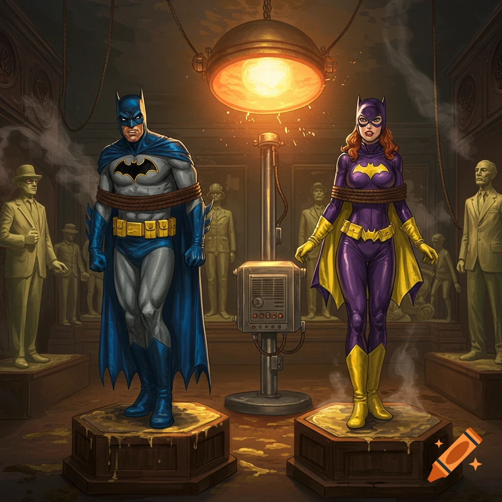 Batman and Batgirl tied up in a wax museum under a heat lamp with melting wax, comic book style.