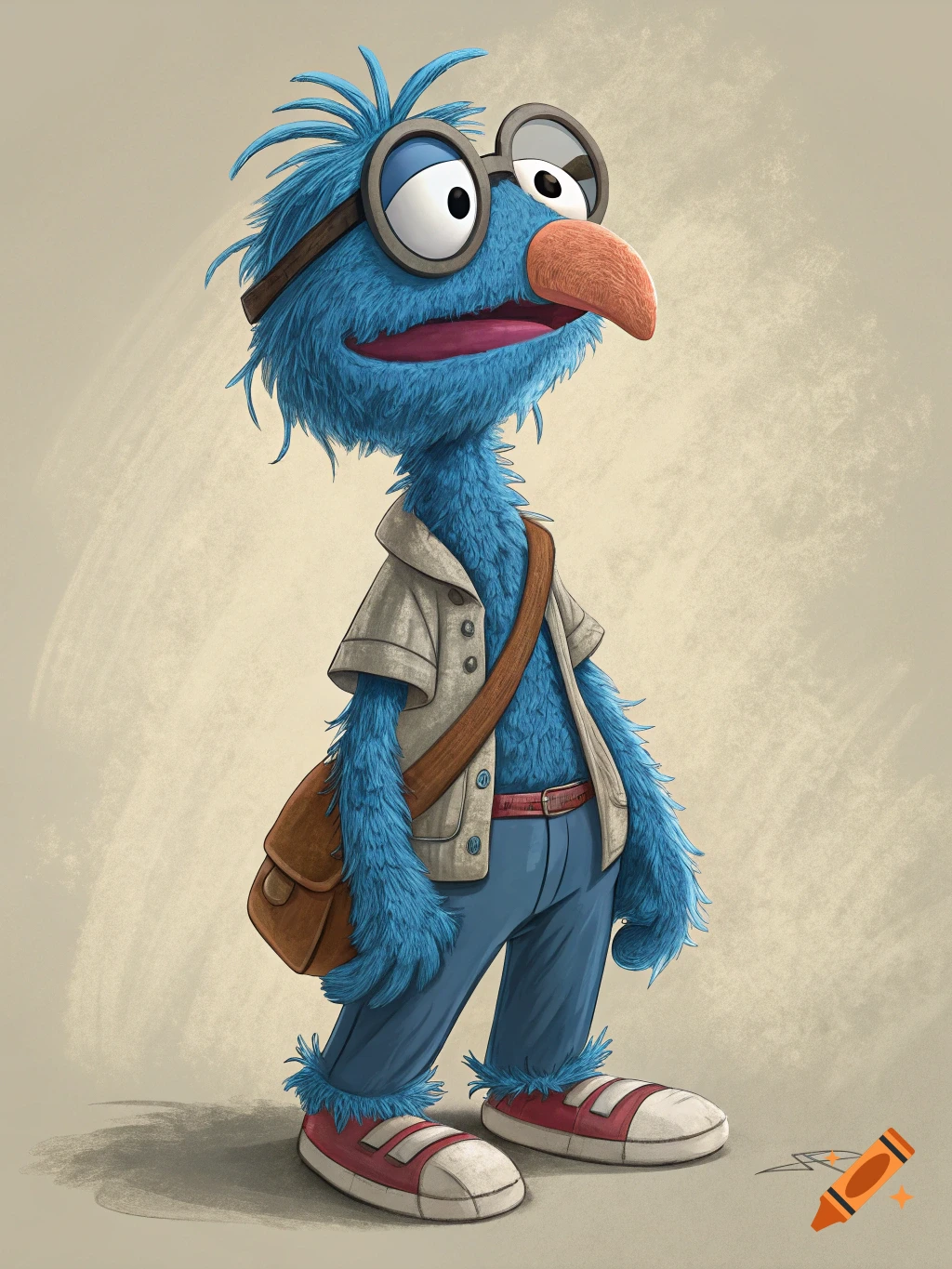 A blue fuzzy puppet character with glasses, a shirt, pants, and a satchel bag, in an illustration style.