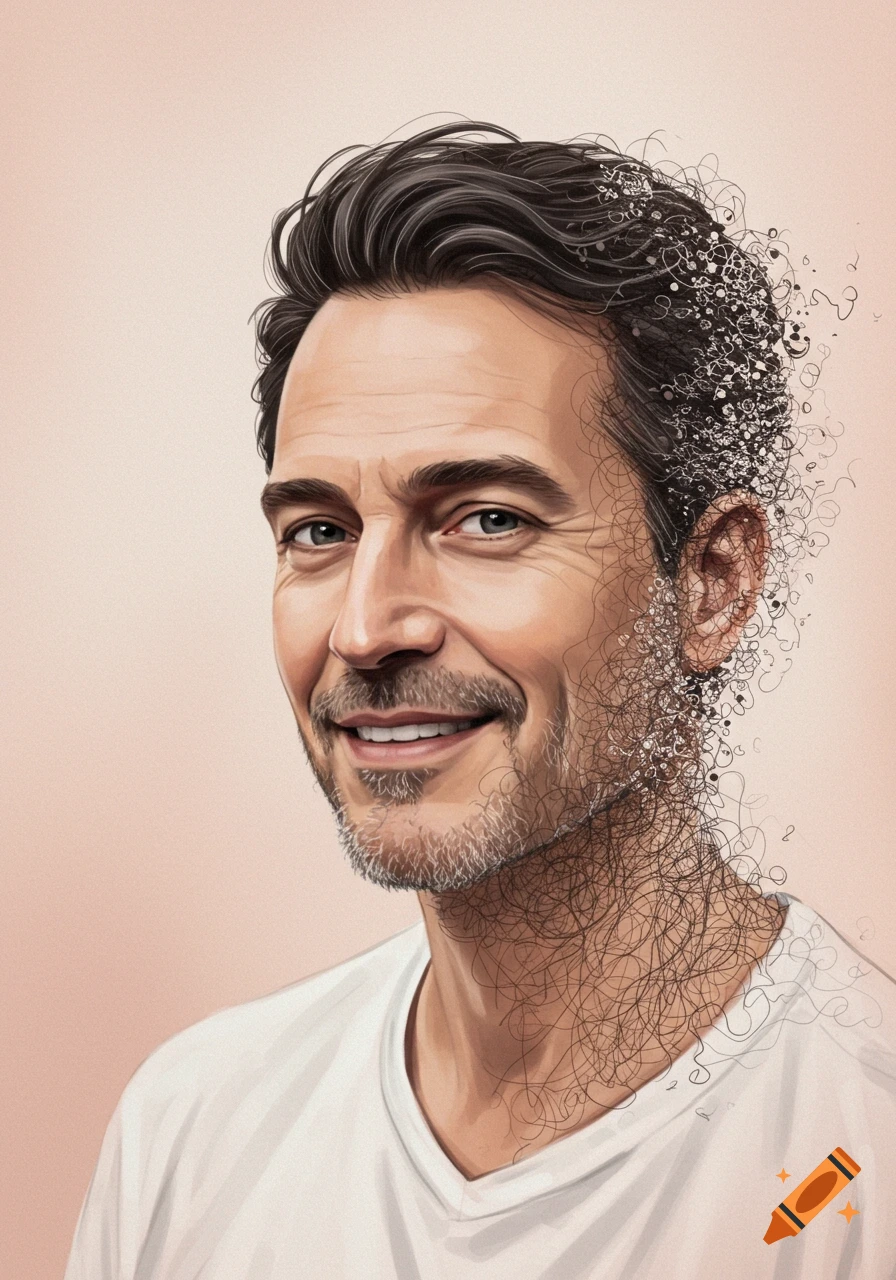 Man's head and neck dissolving into a sketch drawing effect portrait