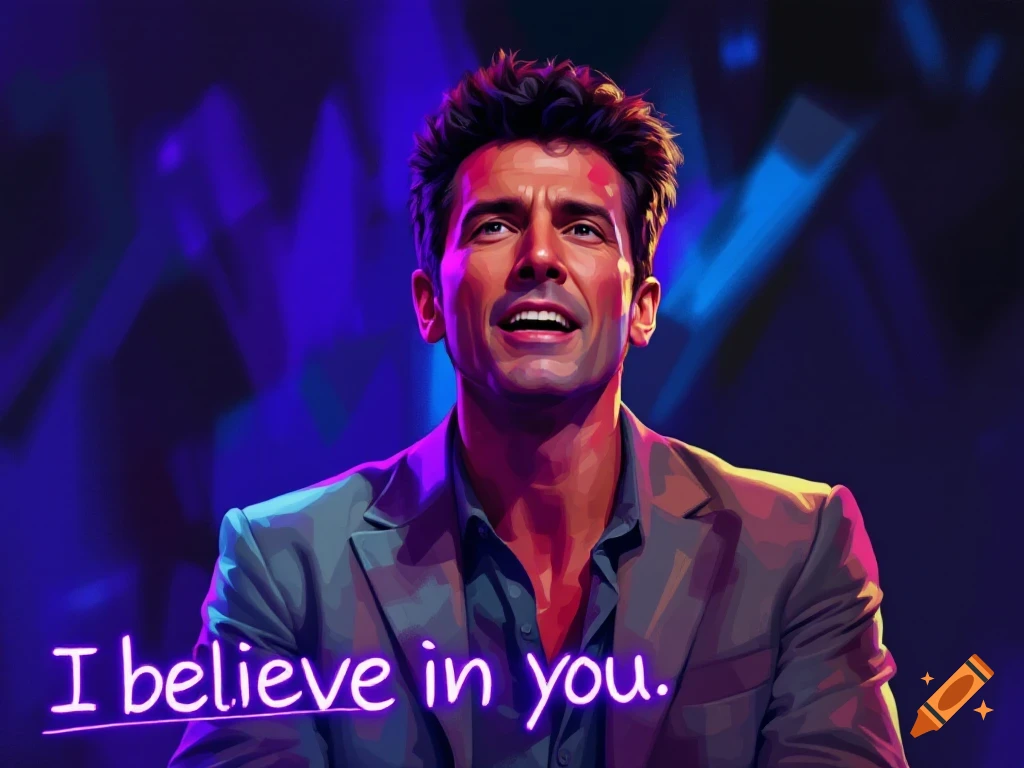 Stylized portrait of a man with the text 'I believe in you.' in neon letters.