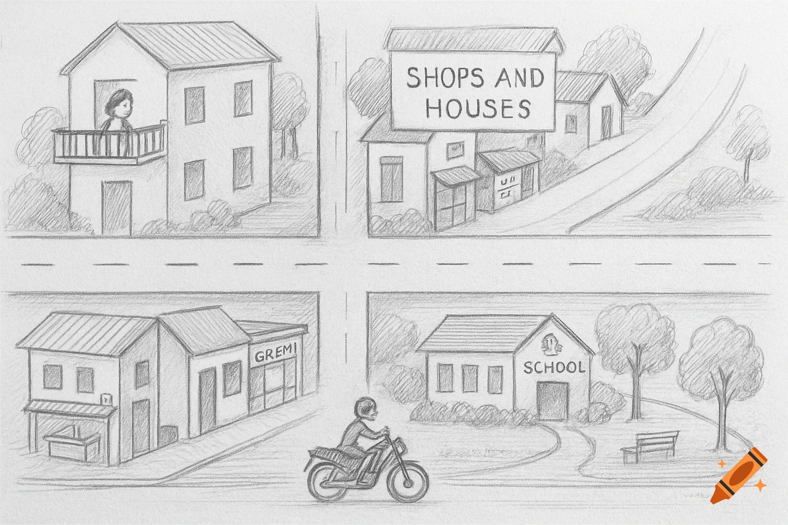 Pencil sketch of a town with houses, shops, a school, and a person riding a motorcycle.