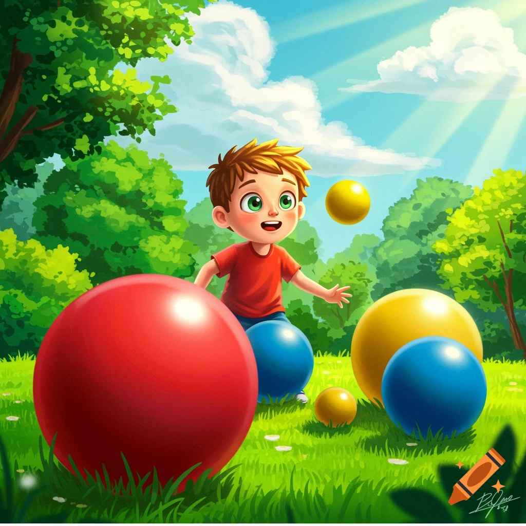 Illustration of a young boy playing with large colorful balls in a sunny park.