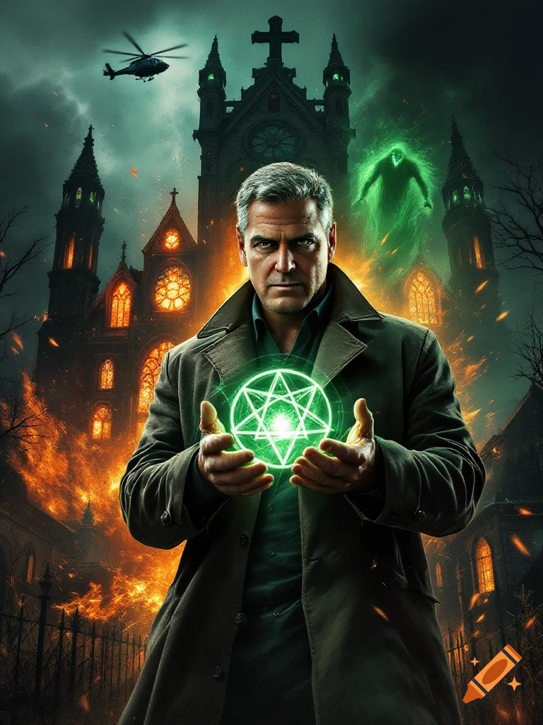 George Clooney holds a glowing object in front of a burning gothic church under a dark sky with a ghost and helicopter