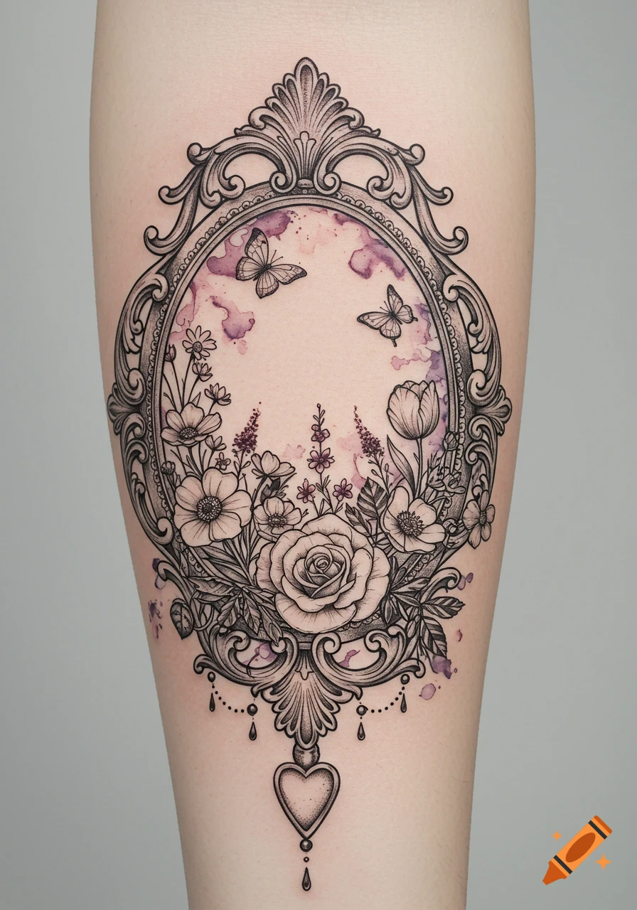 Detailed line drawing tattoo on forearm of vintage gothic frame with flowers, butterflies, and watercolor splatter, featuring a heart pendant.