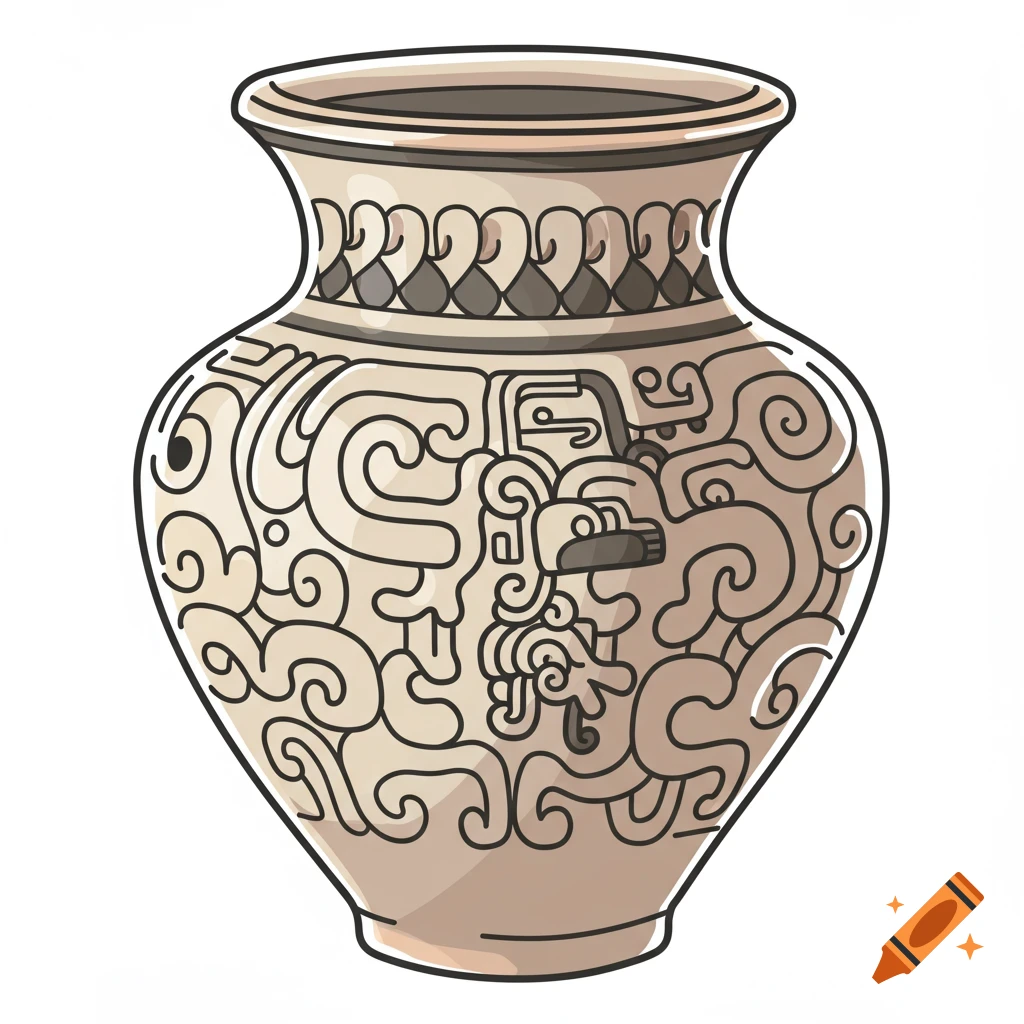 Aztec ceramic pot illustration in line art style