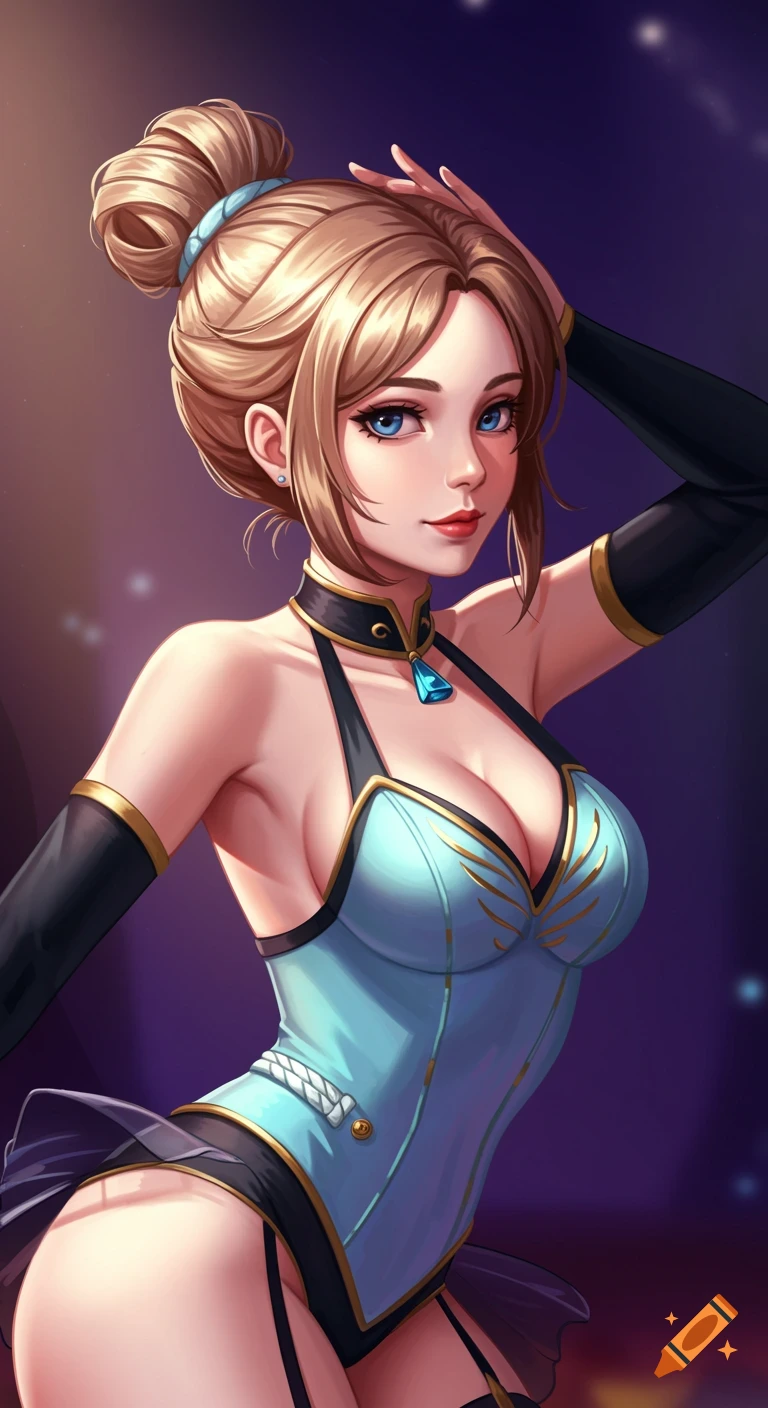 Anime illustration of a woman in a revealing light blue and black circus trapezist costume, hair in a bun.