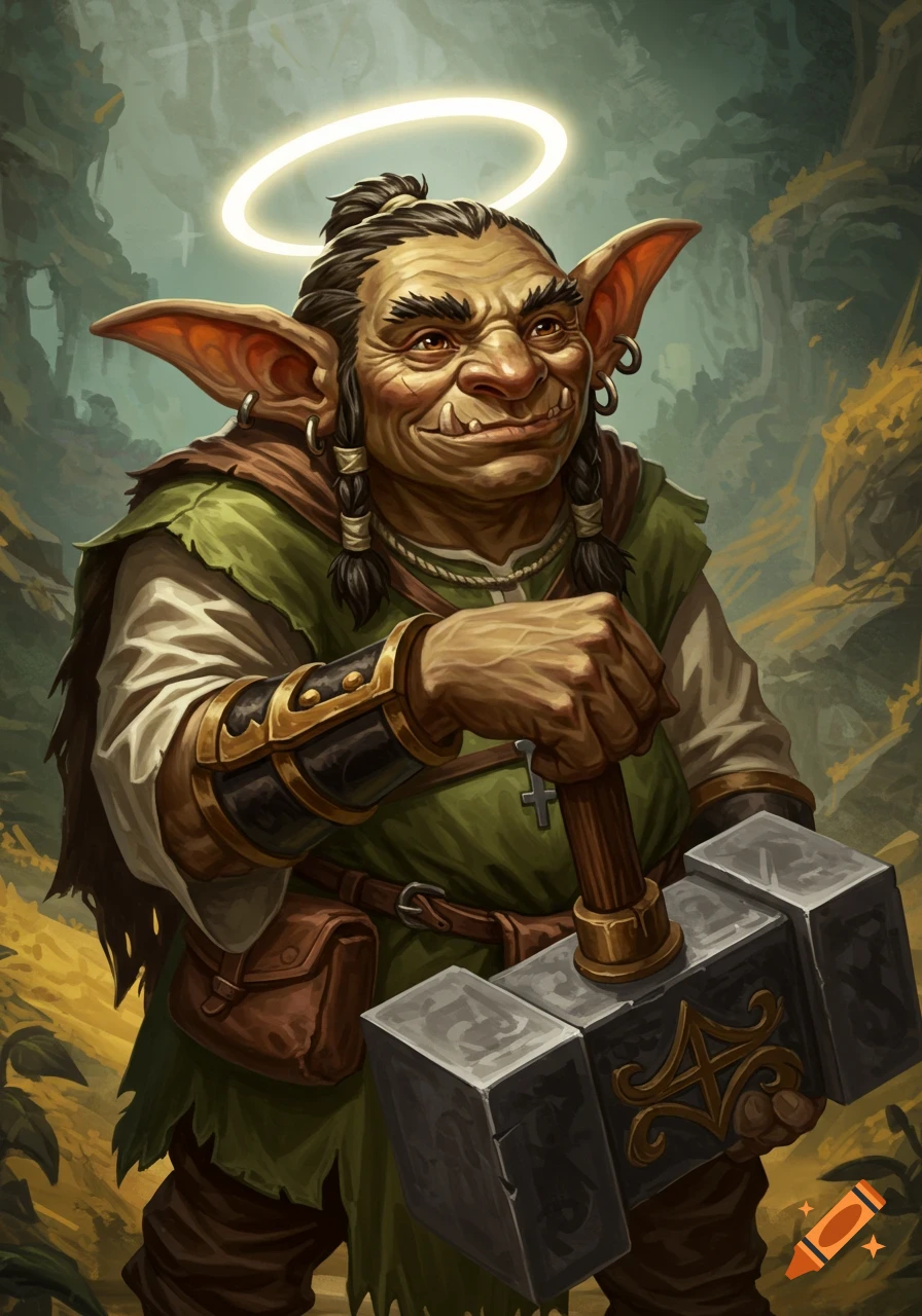 Fantasy illustration of a hobgoblin saint holding a hammer with a halo.