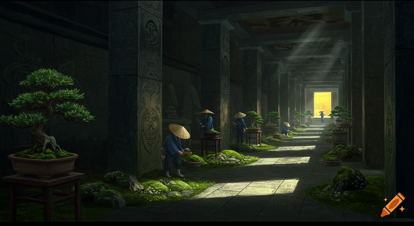 Japanese gardeners tend to bonsai trees in a large, ancient hallway with pillars and light beams.