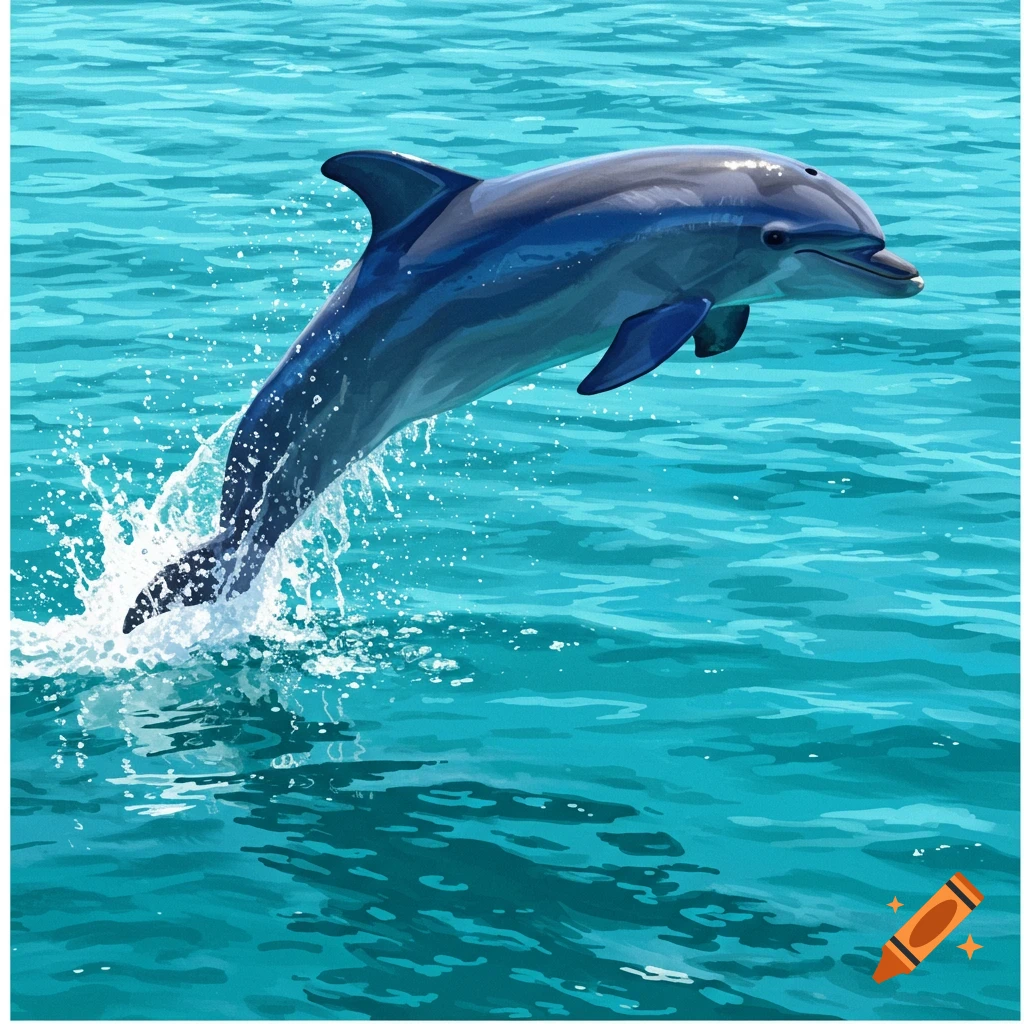 A dolphin leaps from the turquoise water, splashing.