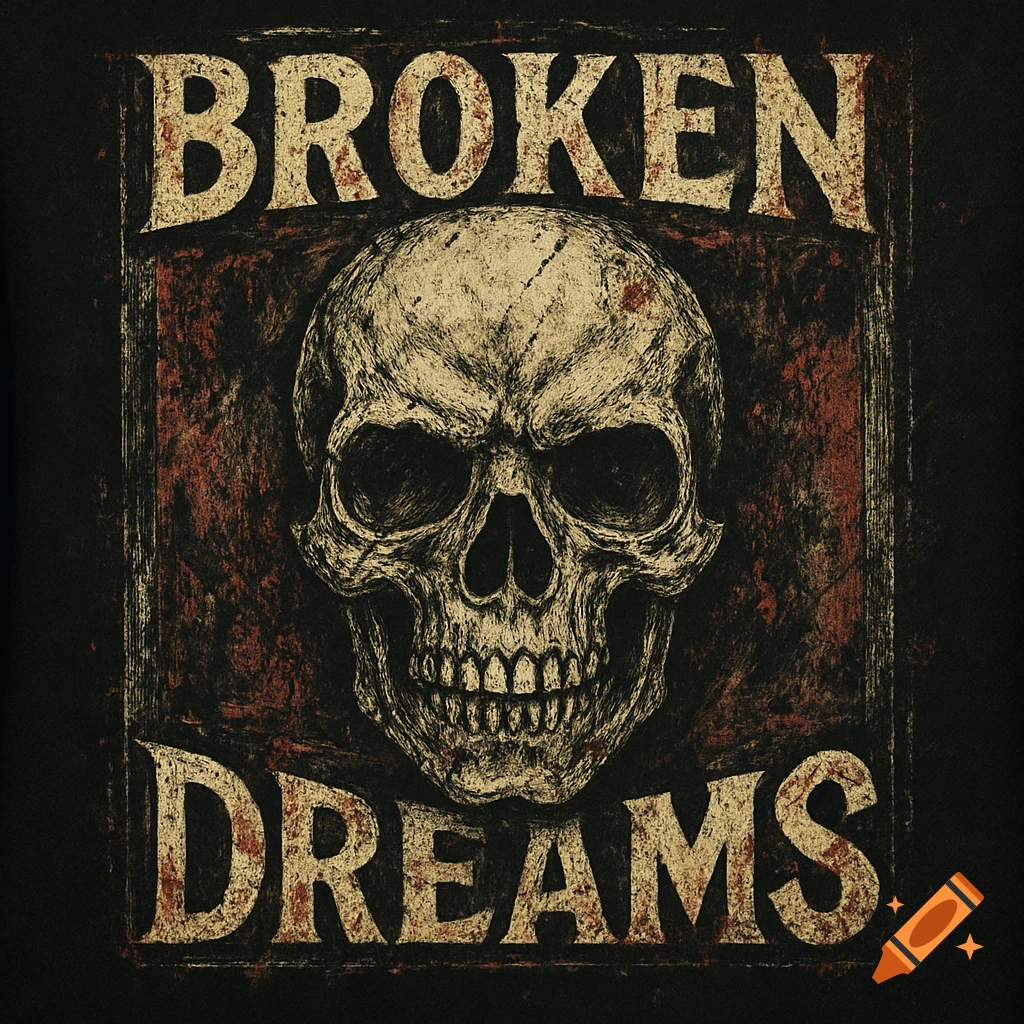 Grunge style illustration of a skull with the words BROKEN above and DREAMS below it.