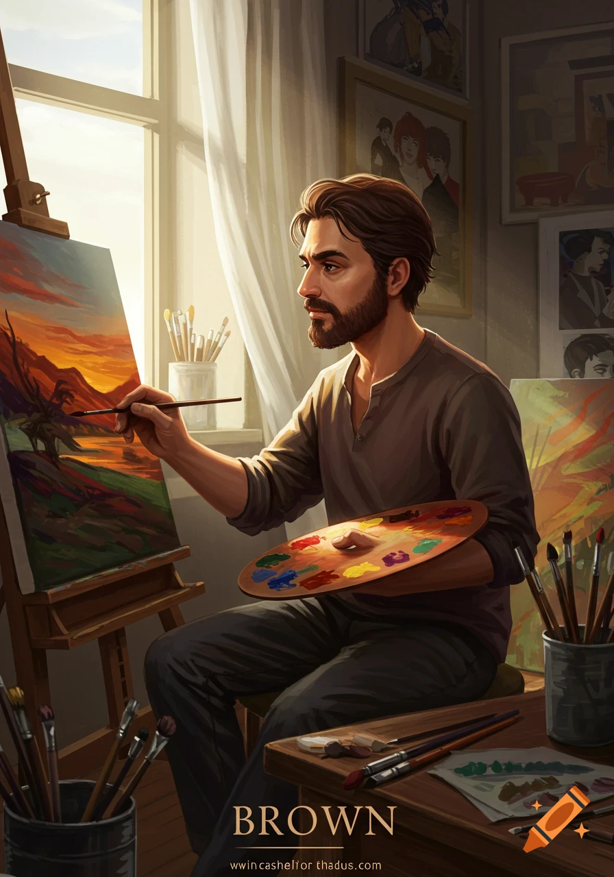 A man painting a landscape on an easel in a sunlit studio.