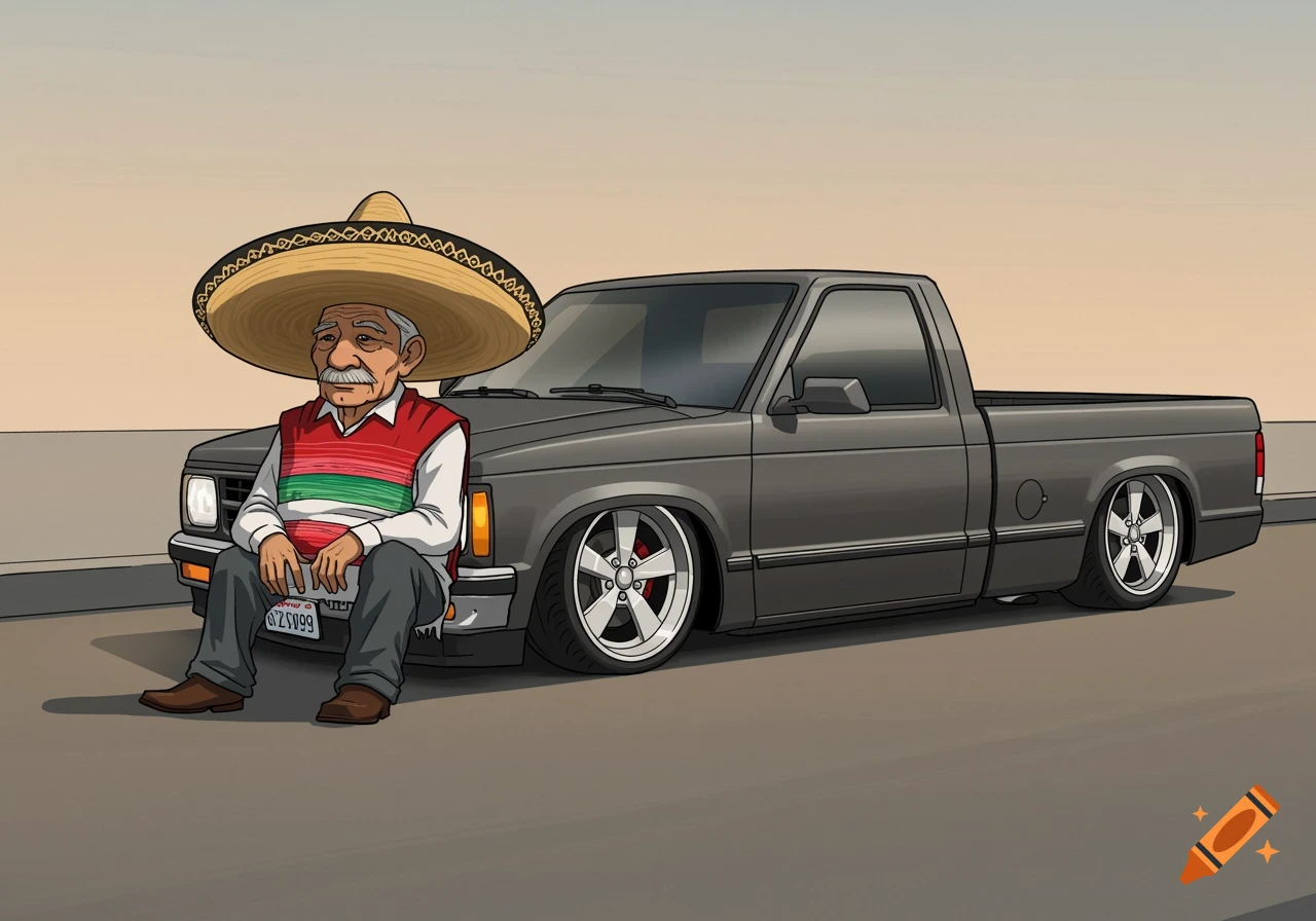 Cartoon of elderly man in sombrero and vest sitting next to a lowered pickup truck