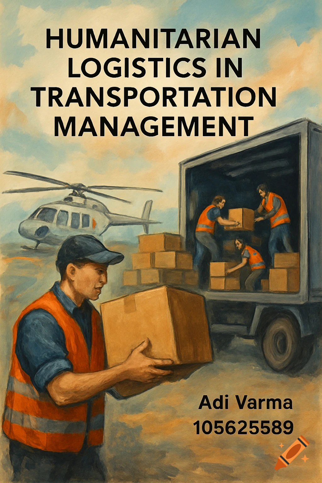 Painterly illustration of people loading boxes onto a truck with a helicopter nearby, text overlay about humanitarian logistics.