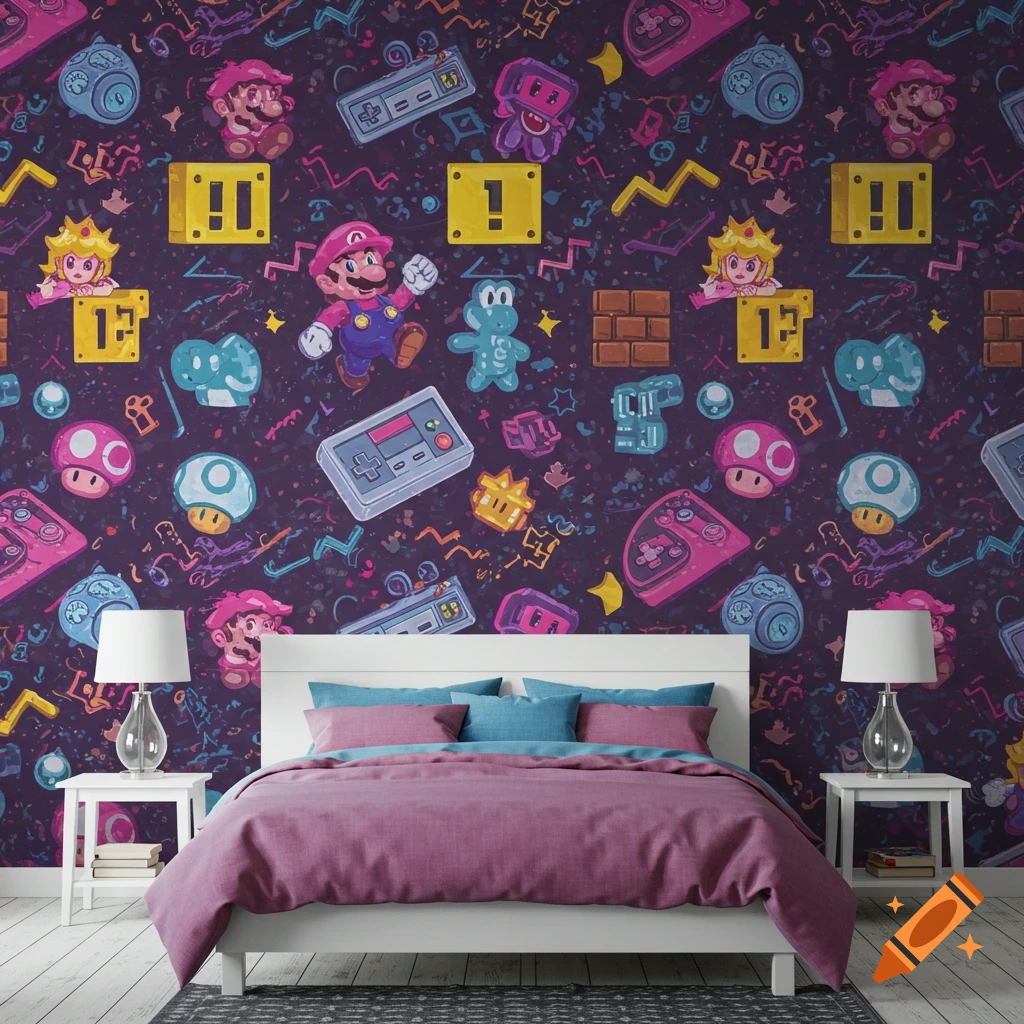 A bedroom featuring wall-to-wall wallpaper with a colorful Super Mario Bros pattern.