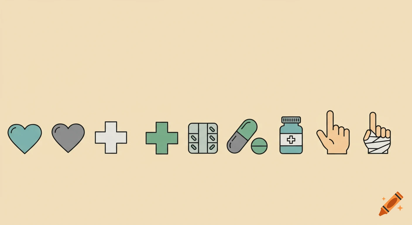 Line of simple, outlined healthcare icons including hearts, crosses, pills, medicine bottle, pointing finger, and bandaged hand on beige background.