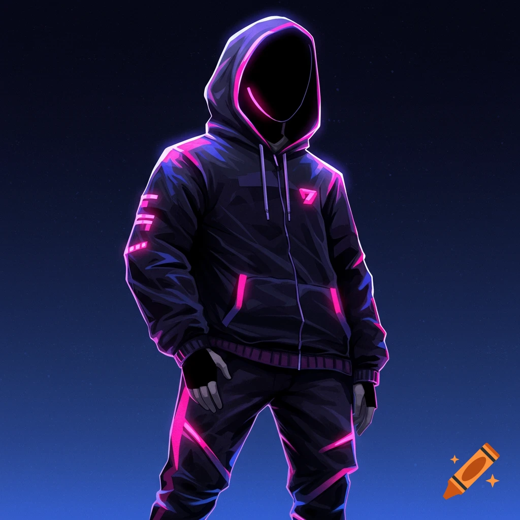A dark figure in a black hoodie with glowing neon pink and purple trim and an illuminated smile mask.