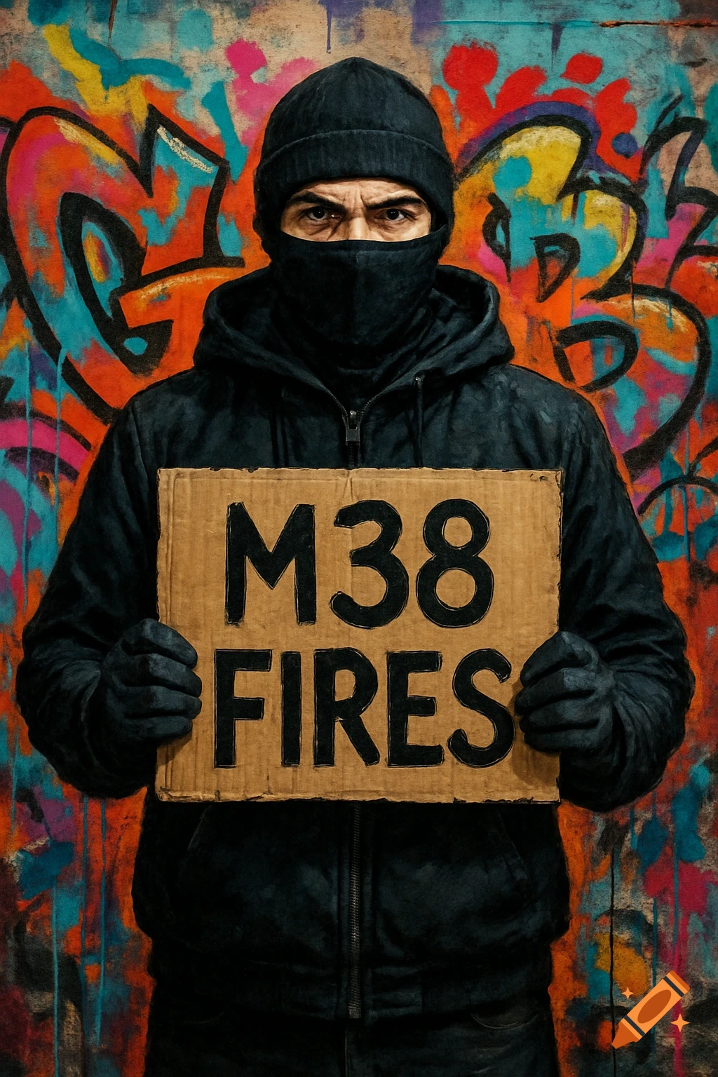 A masked man in a hoodie holds a sign in front of a colorful graffiti wall.