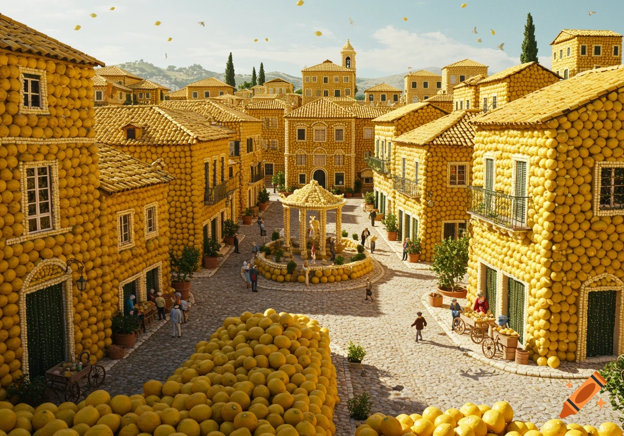 A photorealistic view of a town where all the buildings are constructed from lemons.