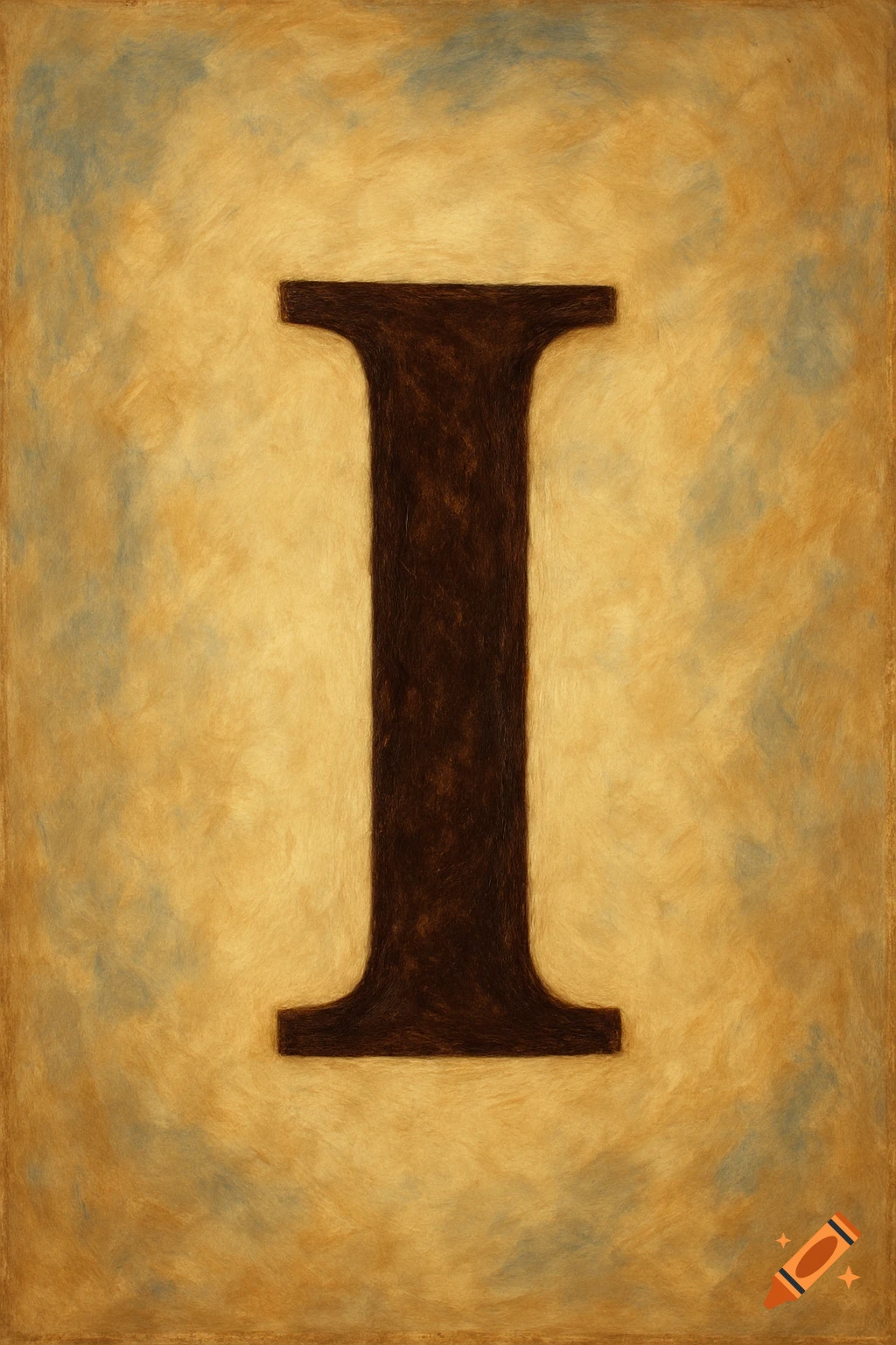 Large brown letter I on textured background in a painterly style.
