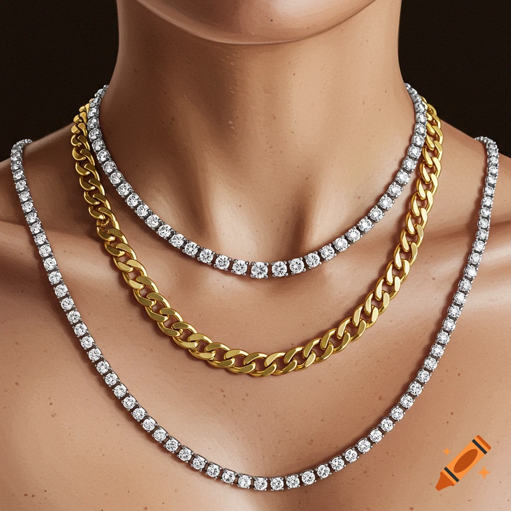 Three necklaces, one gold cuban link and two diamond tennis chains, layered on a neck.